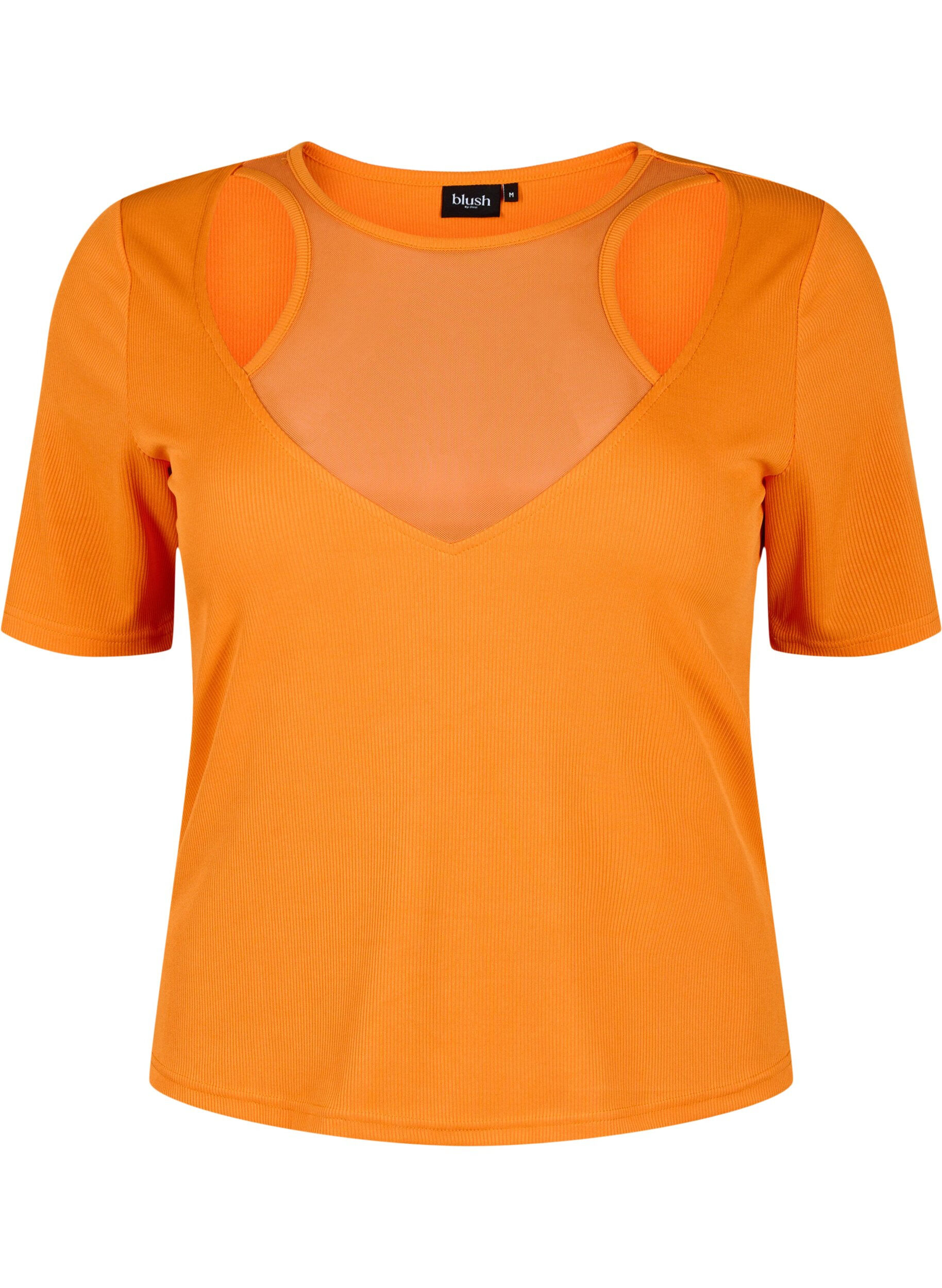 ZizziEng anliegende Bluse mit V-Ausschnitt und Mesh-Detail, Vibrant Orange, Packshot image number 0
