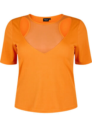 Eng anliegende Bluse mit V-Ausschnitt und Mesh-Detail, Vibrant Orange, Packshot image number 0
