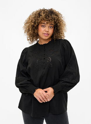 Bluse mit Rüschen und Lochstickerei, Black, Model image number 0