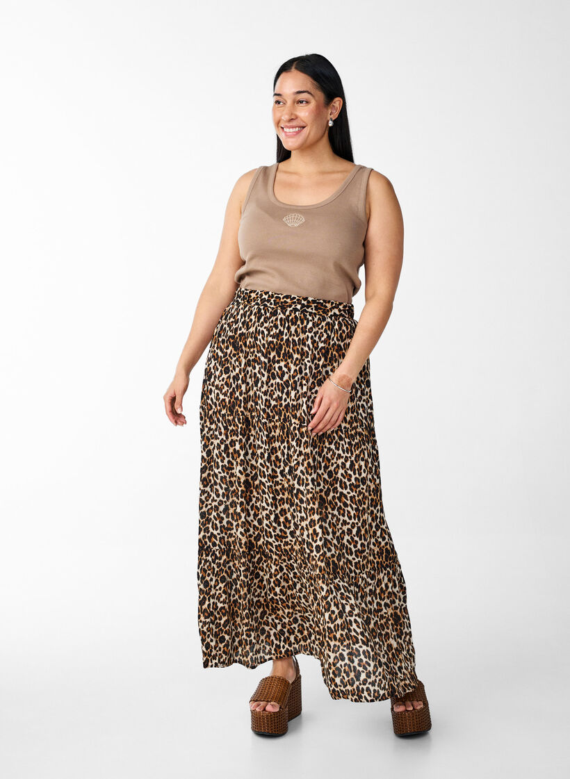 Tailleiertes Top mit Motiv, Braun, Model image number 1