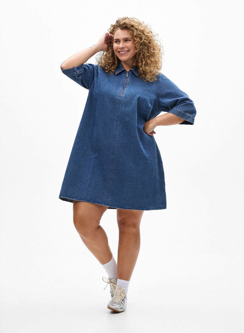 Kurzes Denim-Kleid mit Rei&szlig;verschluss und 3/4-&Auml;rmeln, Blau, Model image number 1