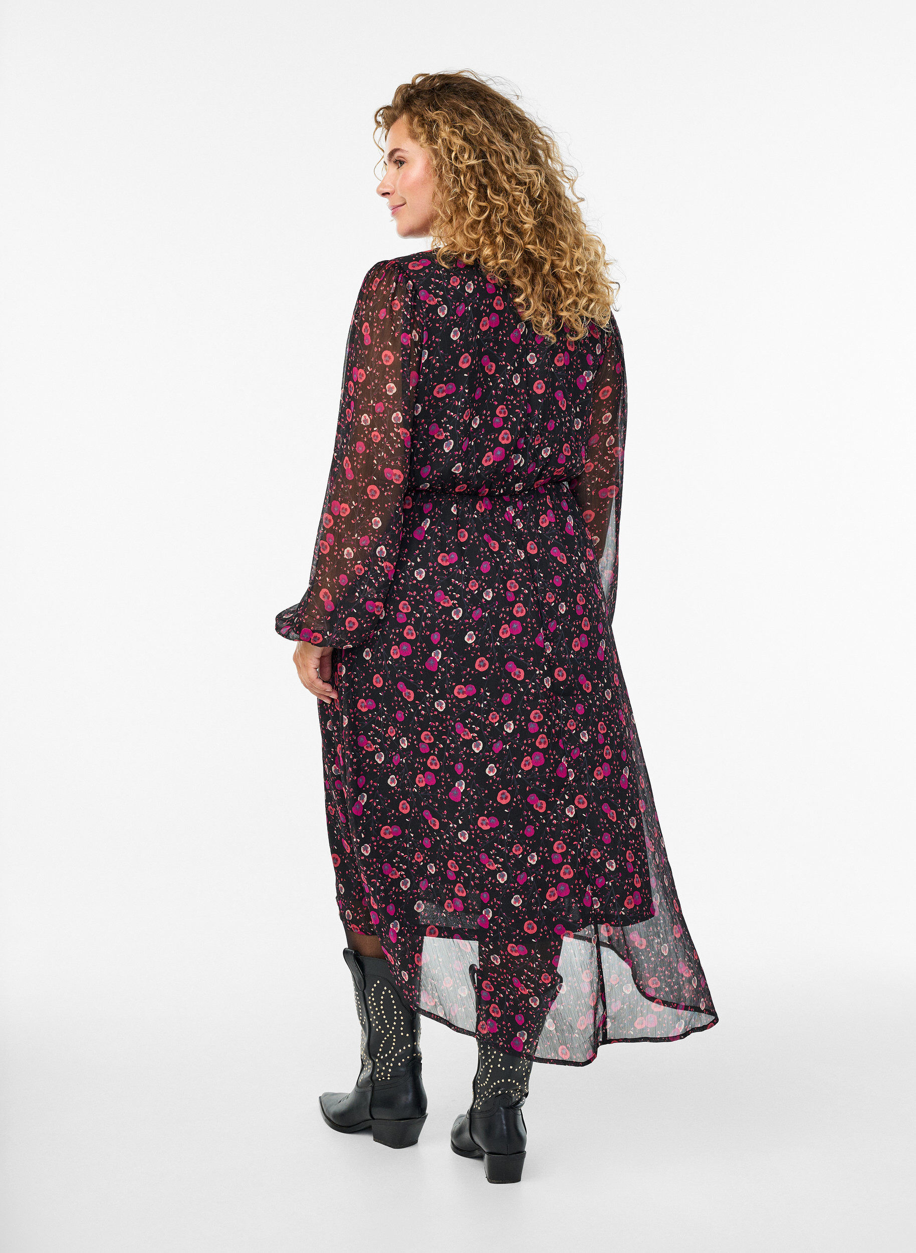ZizziKleid aus Chiffon mit Blumenmuster und langen &Auml;rmeln, Schwarz, Model image number 1