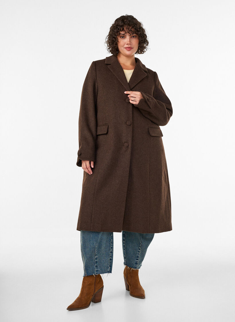 Mantel aus Wollmischung mit Revers und Kn&ouml;pfen, Braun, Model image number 1