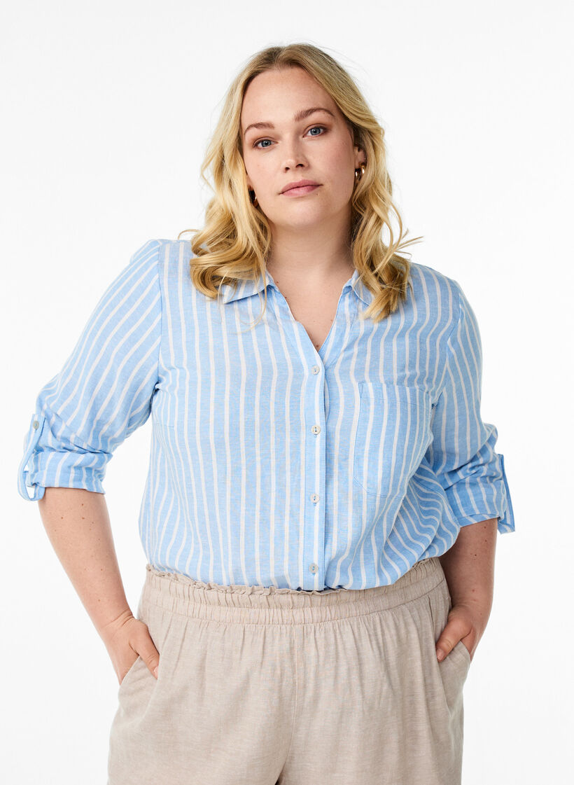 Bluse aus Leinen und Viskose mit 3/4-Ärmeln, Blau, Model image number 0