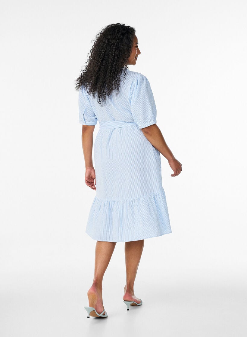 Gestreiftes Midikleid aus Baumwolle mit einem Bindeg&uuml;rtel, Wei&szlig;, Model image number 2