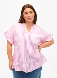 Gestreifte Bluse mit Schößchen- und Rüschendetails, Pink Red Stripe, Model