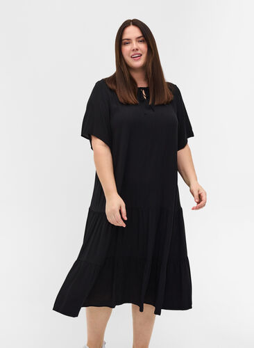 Kurzärmliges Viskose-Kleid mit Aufdruck, Black, Model image number 0