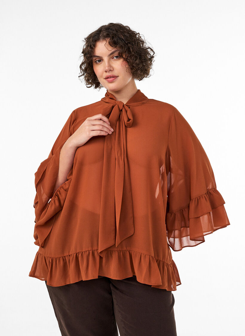 Bluse mit Bindeband und R&uuml;schendetails, Braun, Model image number 0