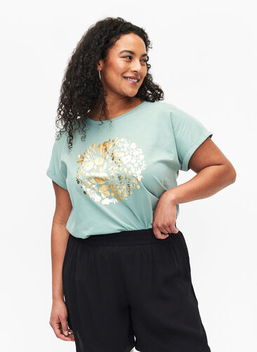 T-Shirt aus Bio-Baumwolle mit Golddruck, Ch.Green Gold Flower, Model image number 0