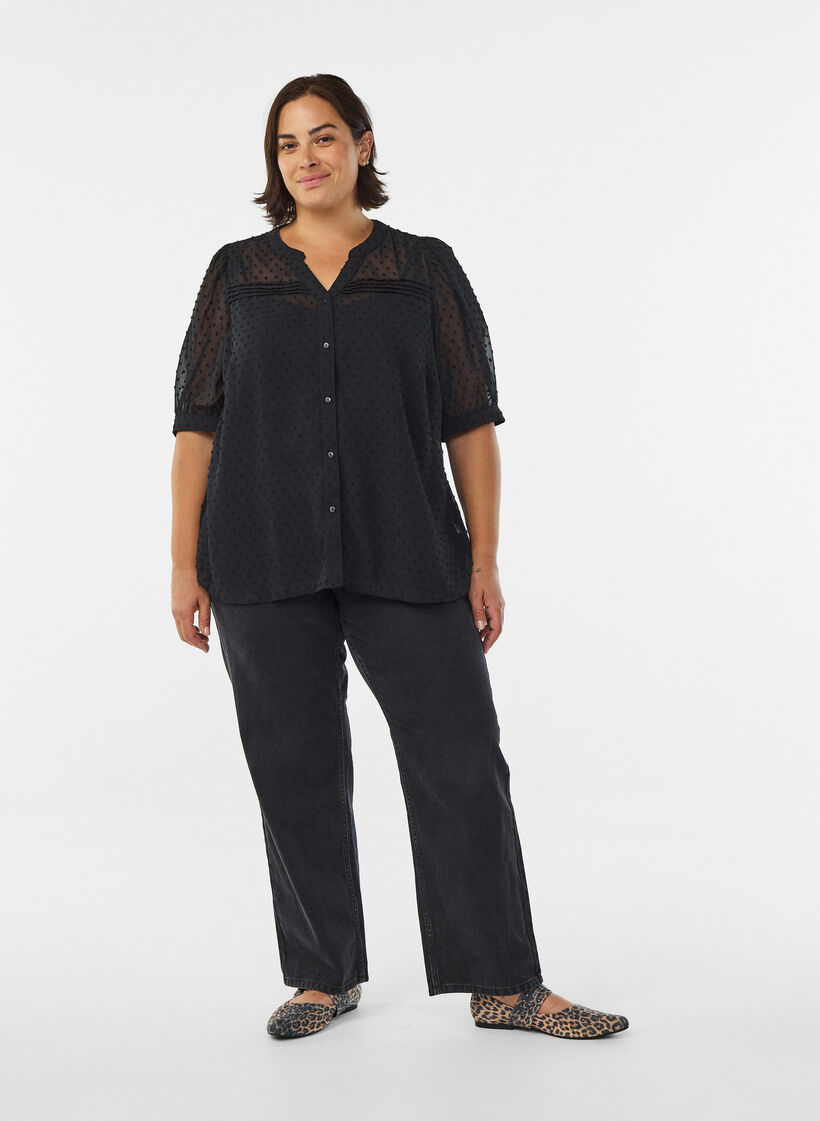 Bluse mit kurzem Arm und gepunkteter Textur, Schwarz, Model image number 1