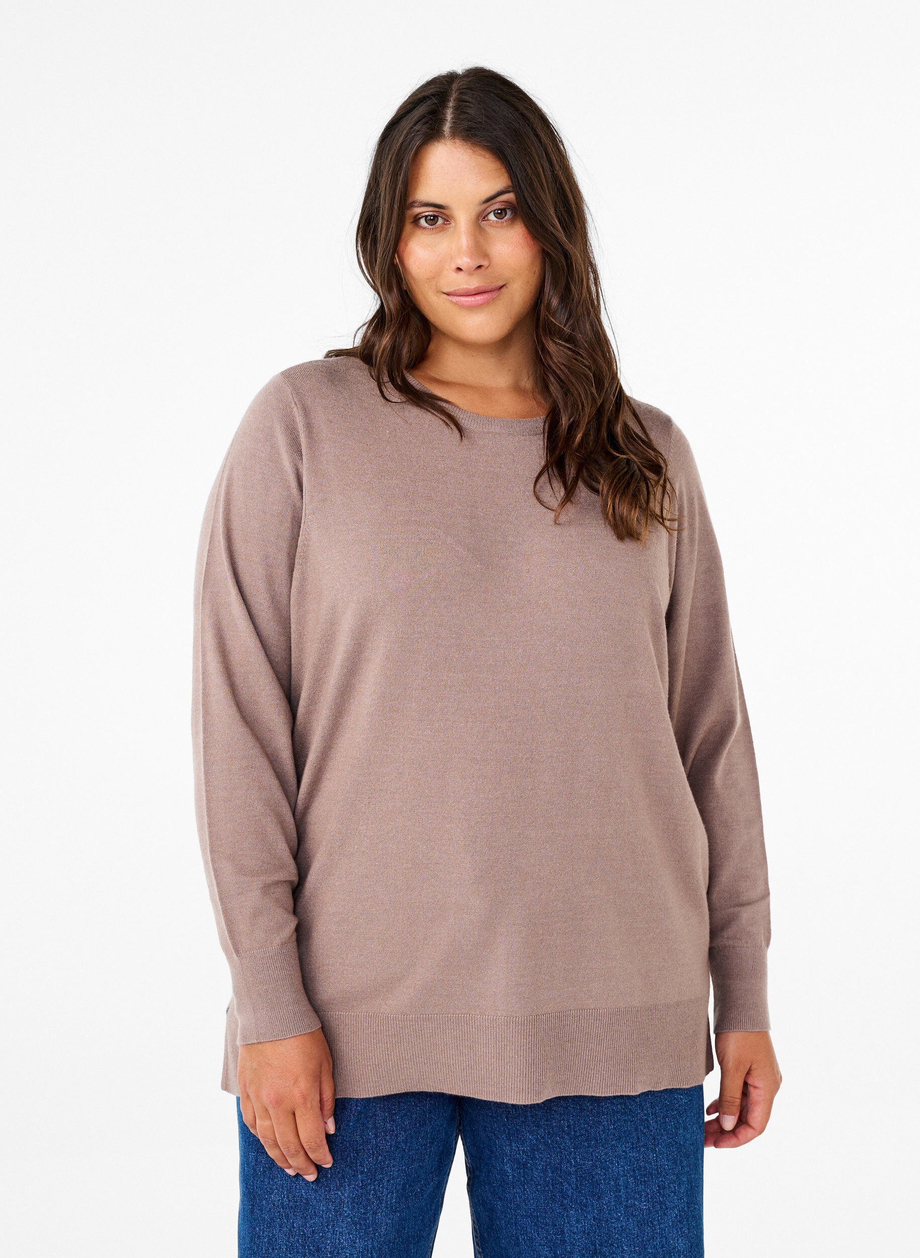 ZizziStrickbluse mit langen &Auml;rmeln und Schlitz, Grau, Model image number 0