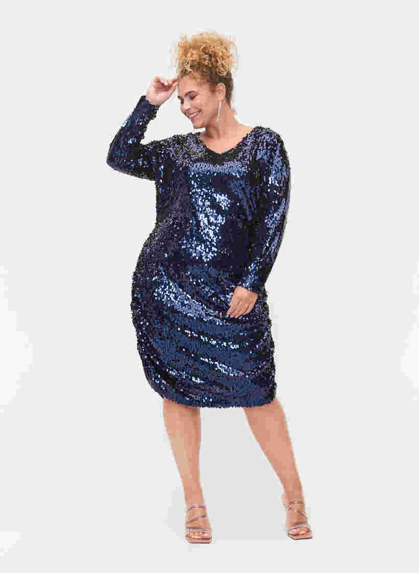Kleid mit Pailletten und V-Ausschnitt, Evening Blue, Model image number 2