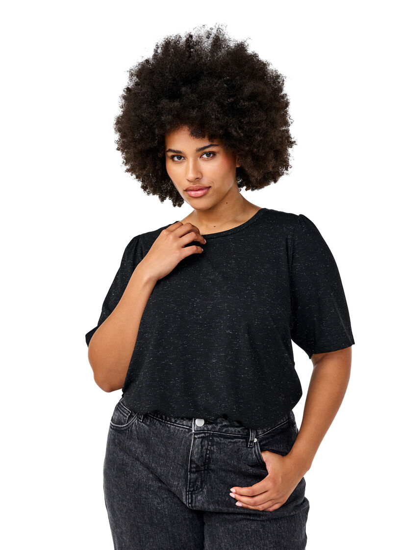 T-Shirt mit Glitzer und kurzen Puffärmeln, Schwarz, Model image number 0