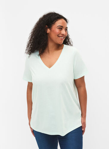Kurzärmeliges T-Shirt mit V-Ausschnitt, Honeydew, Model image number 0