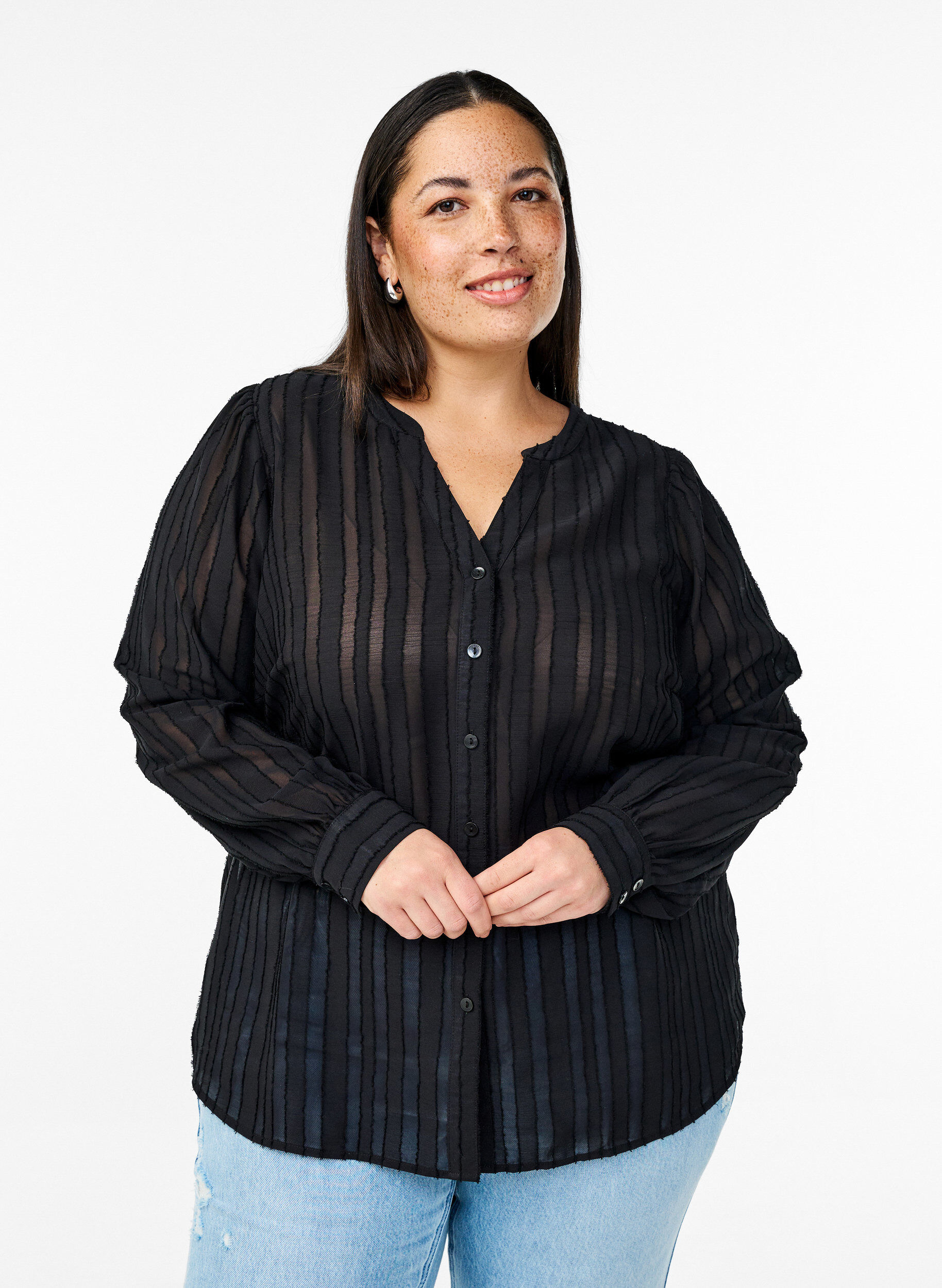 ZizziStreifenbluse mit transparenten Streifen, Schwarz, Model image number 0