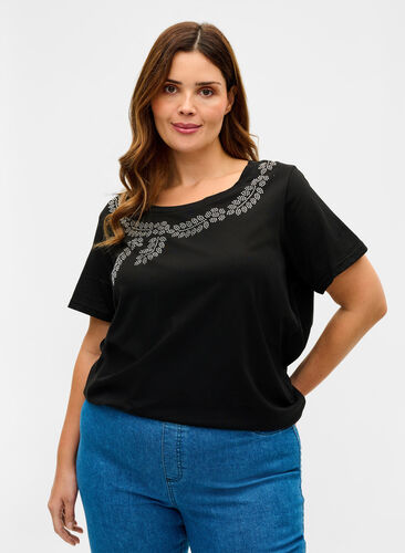 Kurzarm T-Shirt aus Baumwolle mit dekorativen Steinen, Black Stone, Model image number 0