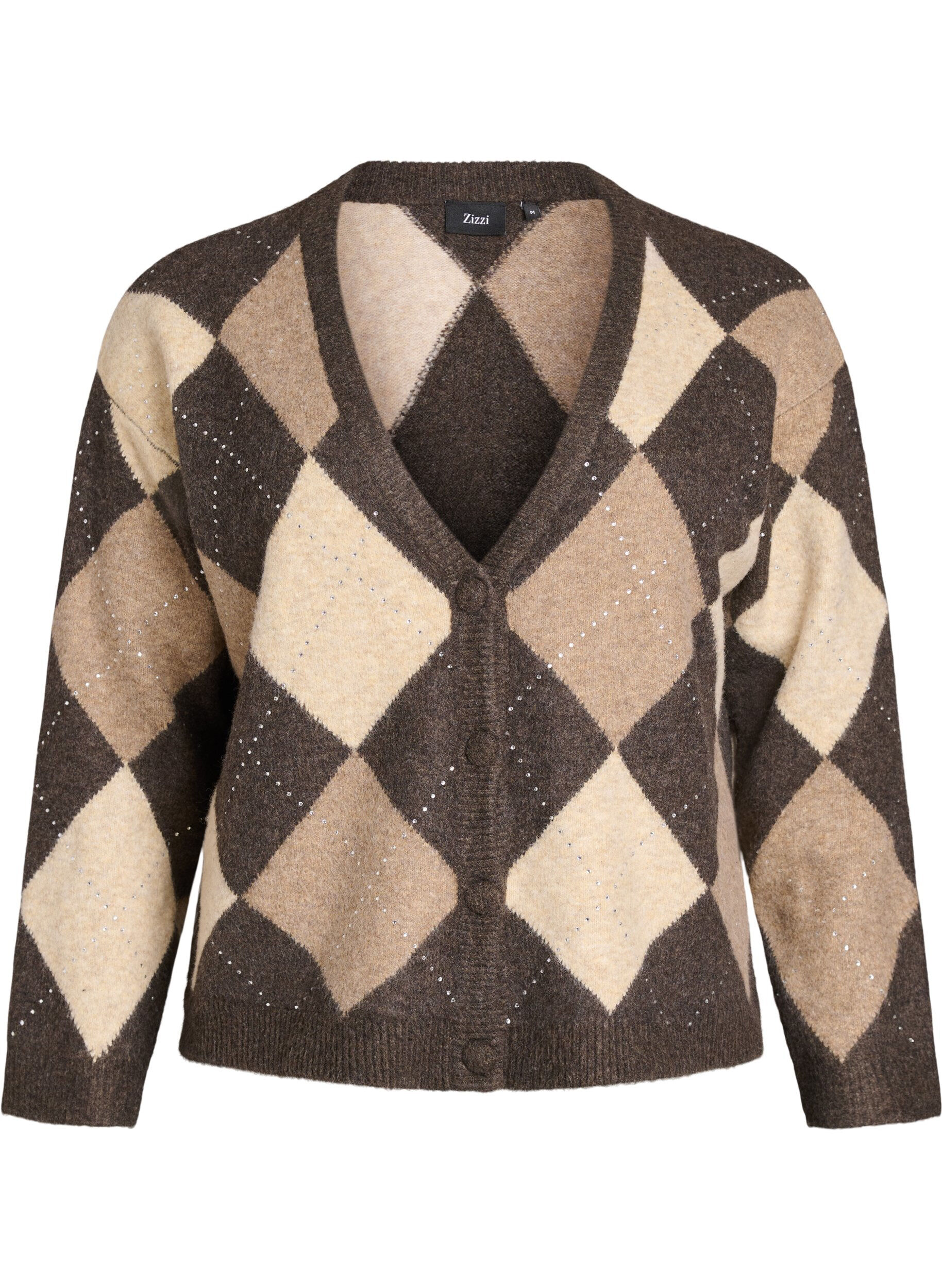 ZizziArgyle-Strickjacke mit Strasssteinen, Braun, Packshot image number 0