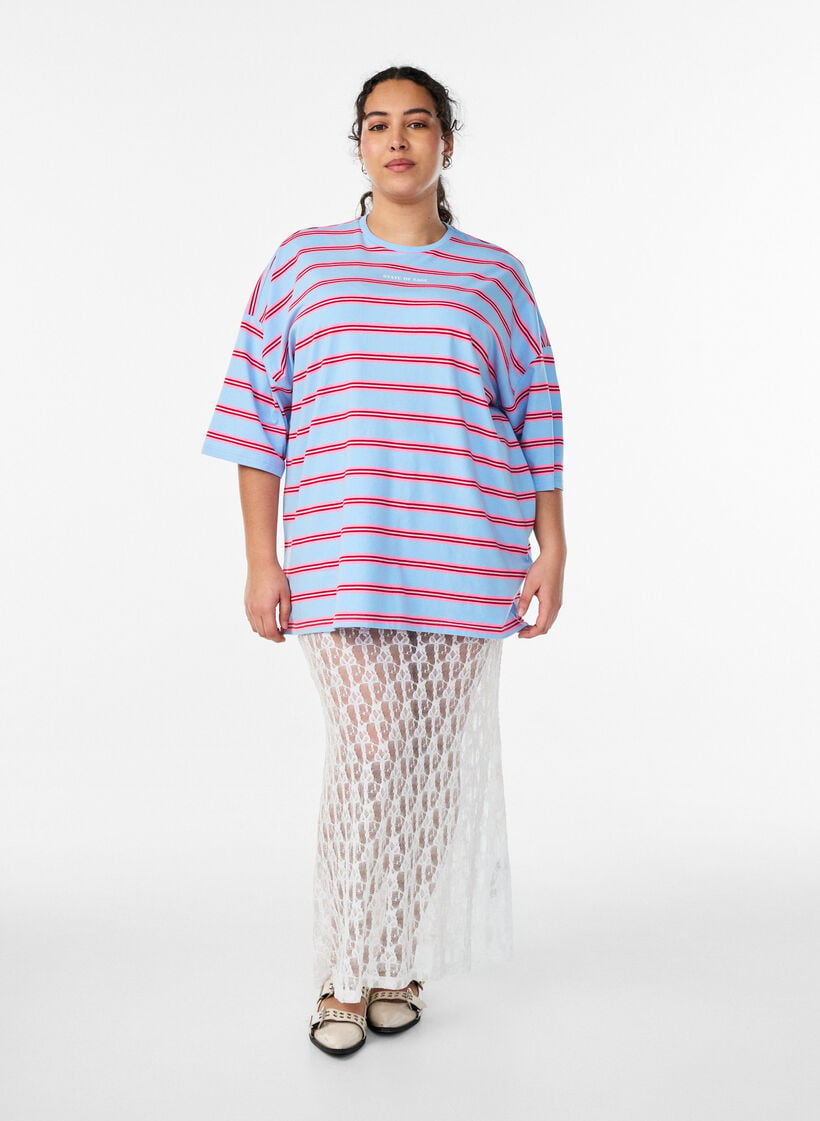 Oversize-T-Shirt mit Streifen und 1/2-&Auml;rmeln, Blau, Model image number 1