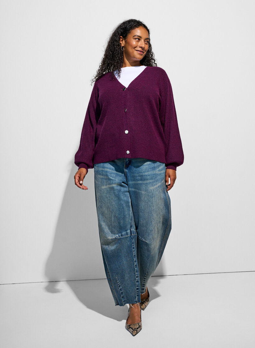 Strickjacke mit V-Ausschnitt und Rippstruktur, Lila, Model image number 1