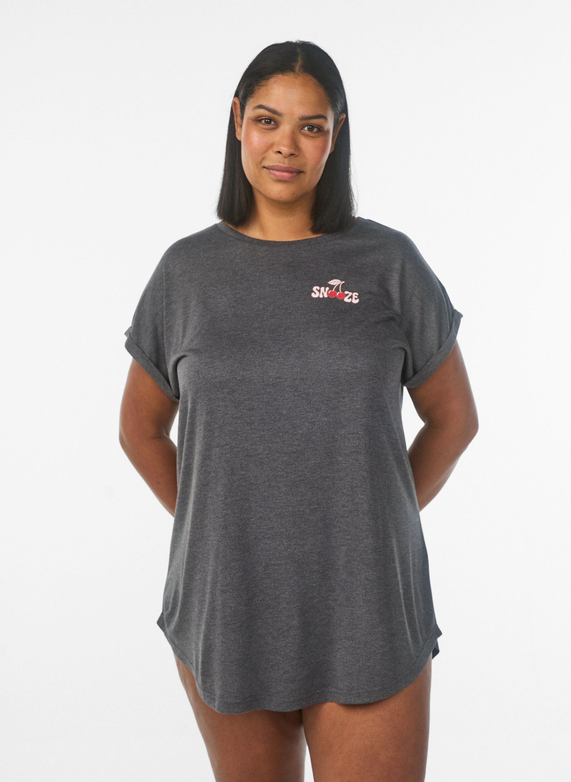 ZizziShort sleeve nightgown with text print, Black, Model image number 0