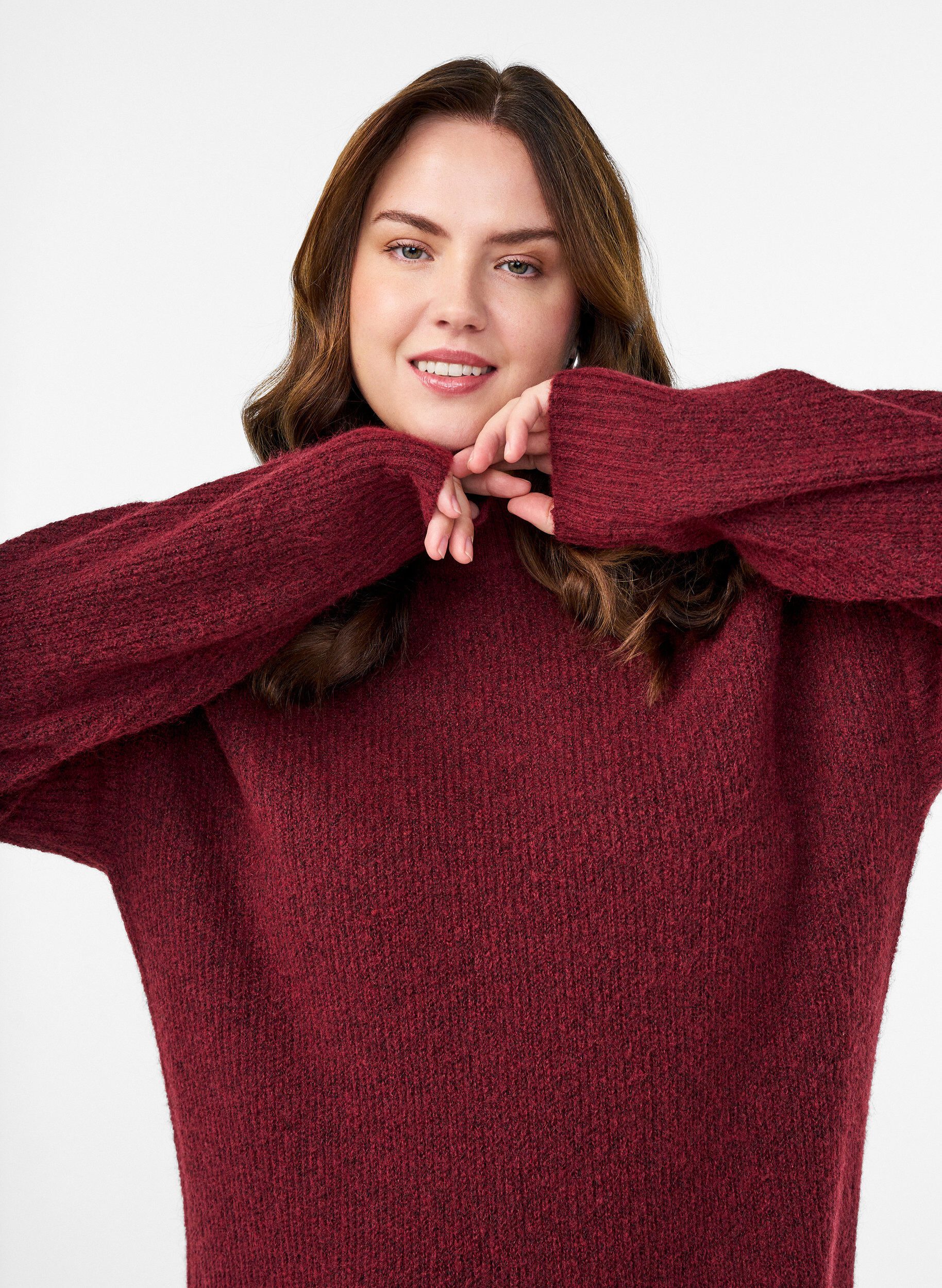 ZizziLanges Strickkleid mit hohem Kragen, Rot, Model image number 3