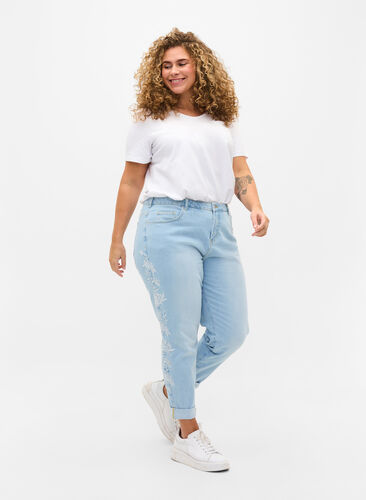 Cropped Mom Fit Mille Jeans mit Stickerei, Light blue denim, Model image number 0