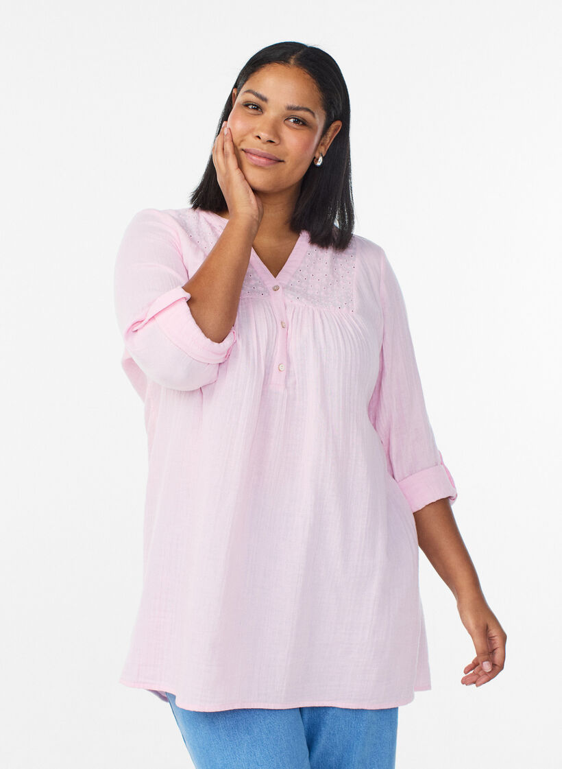 Tunika aus Baumwollmusselin mit Broderie Anglaise, Rot, Model image number 0