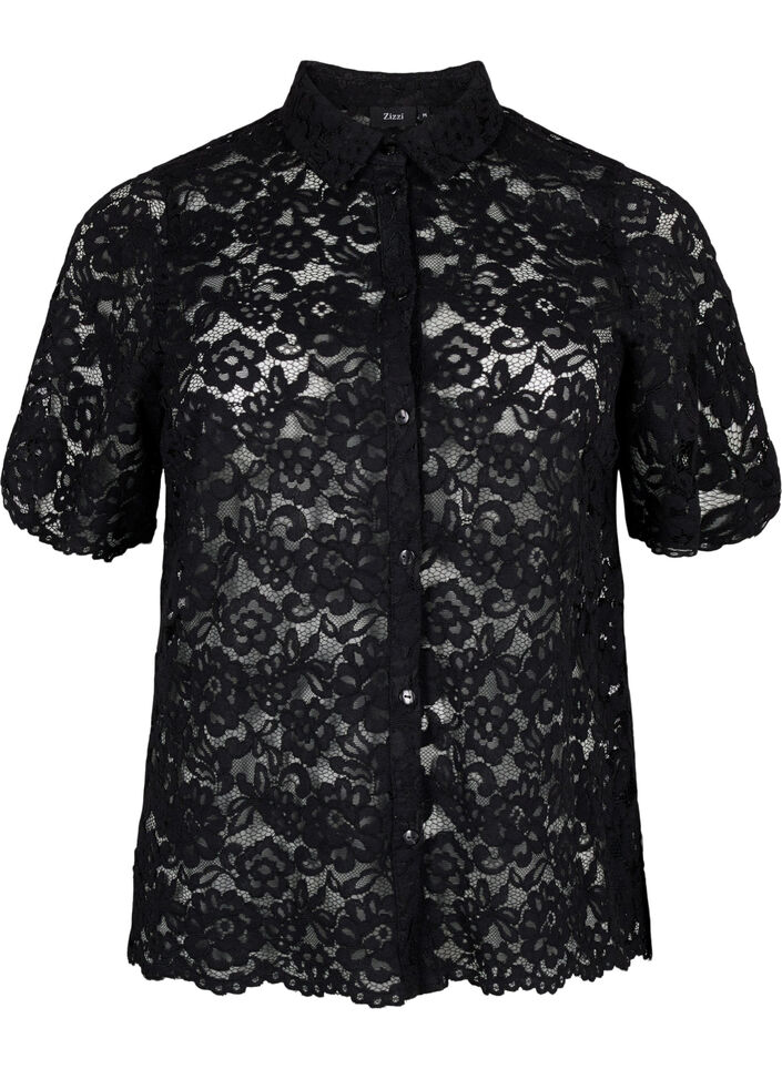 Spitzenshirt mit kurzen Ärmeln, Black, Packshot image number 0
