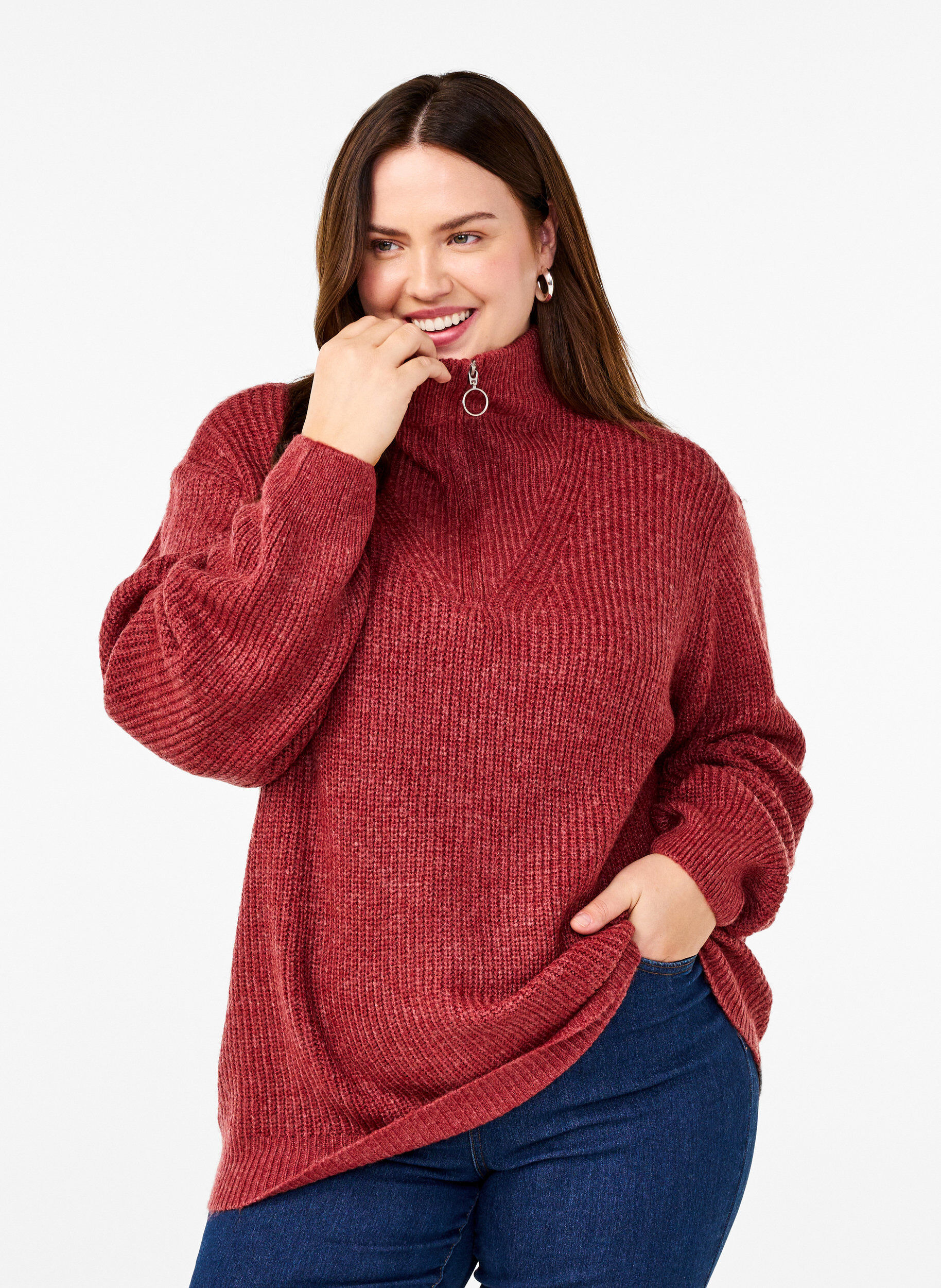 ZizziStrickpullover mit hohem Kragen und Rei&szlig;verschluss, Rot, Model image number 0