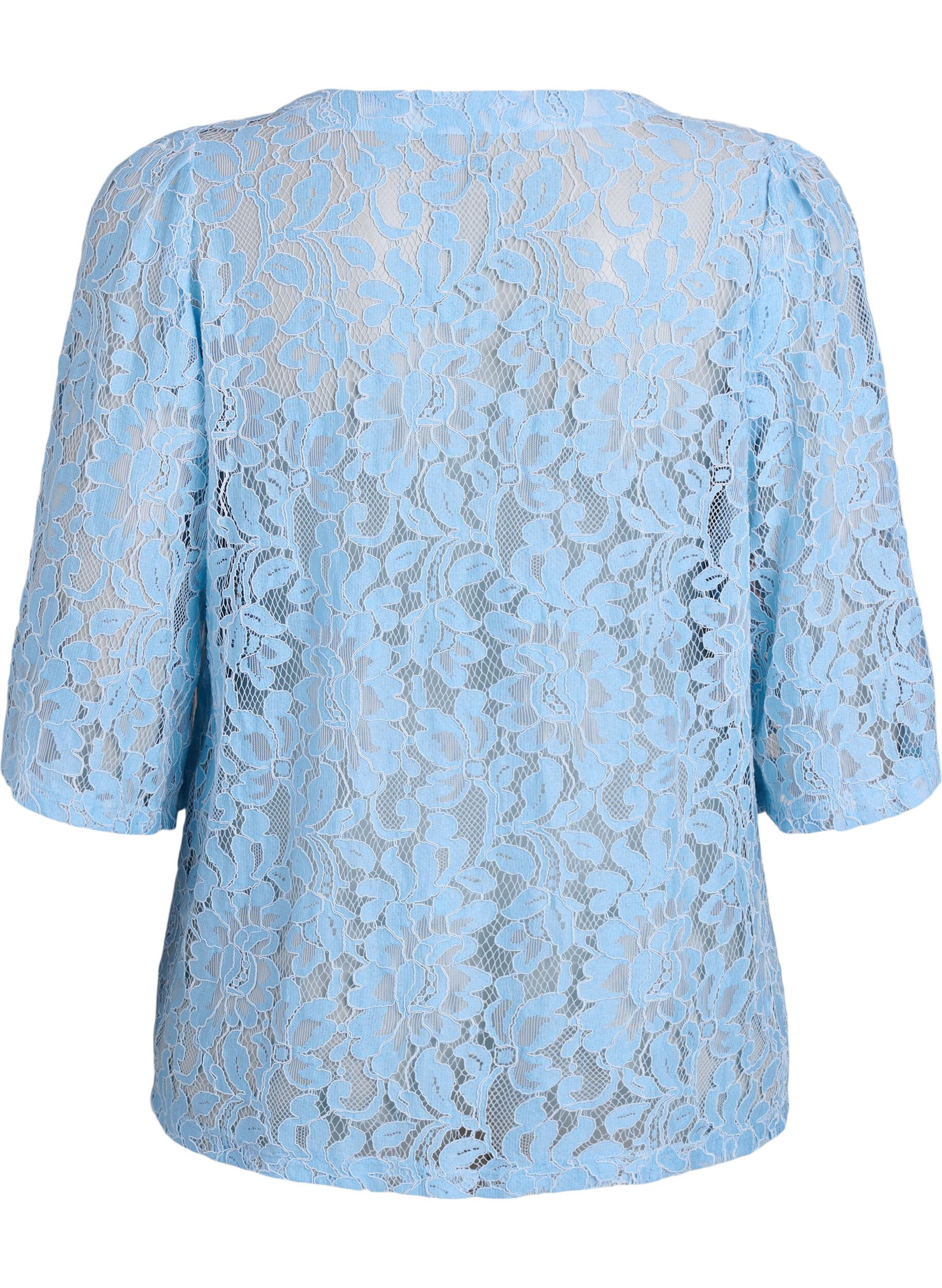 ZizziKurz&auml;rmelige Spitzenbluse mit V-Ausschnitt, Blau, Packshot image number 1