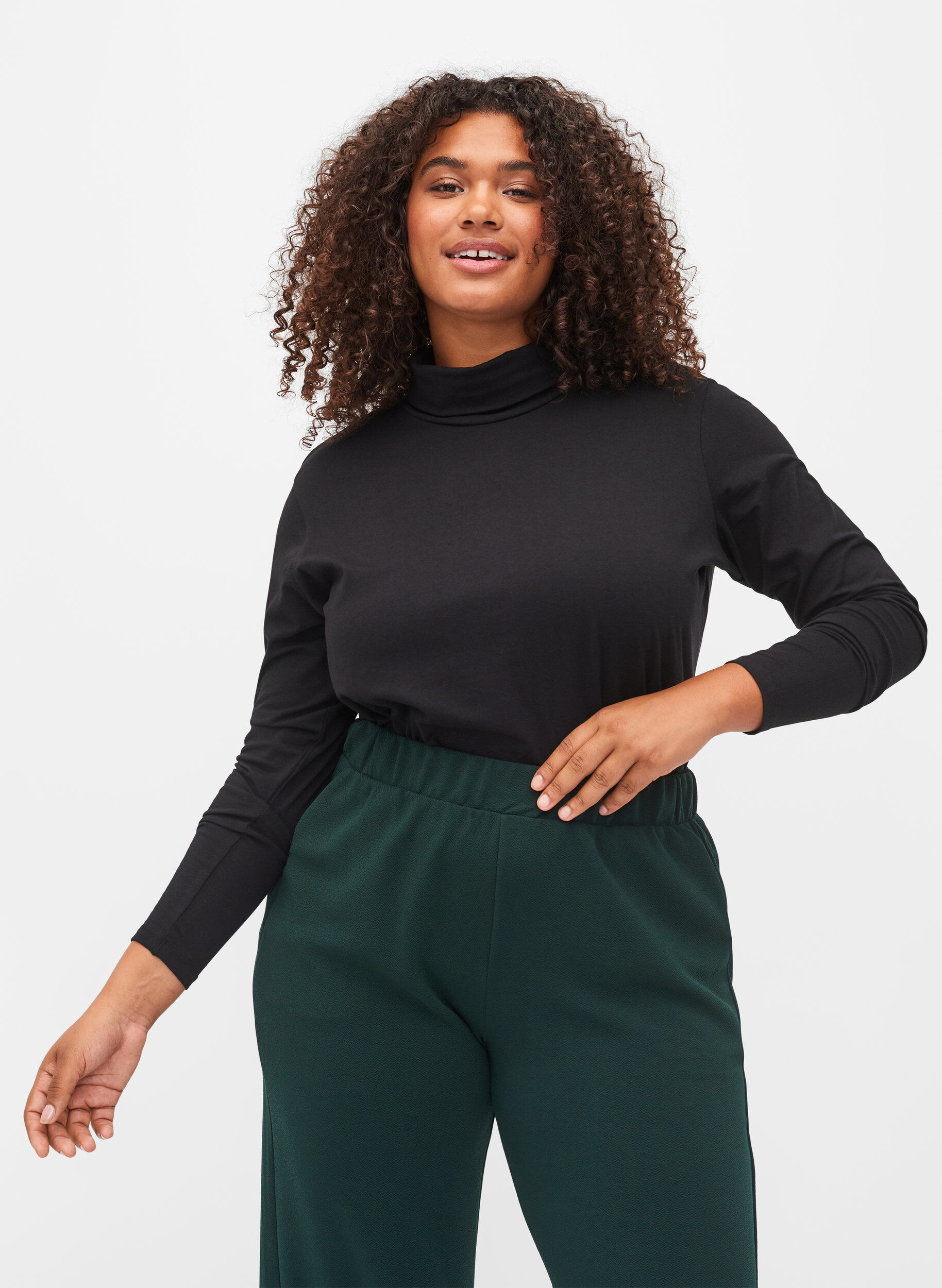 ZizziLang&auml;rmelige Baumwollbluse mit Rollkragen, Solid Black, Model image number 0