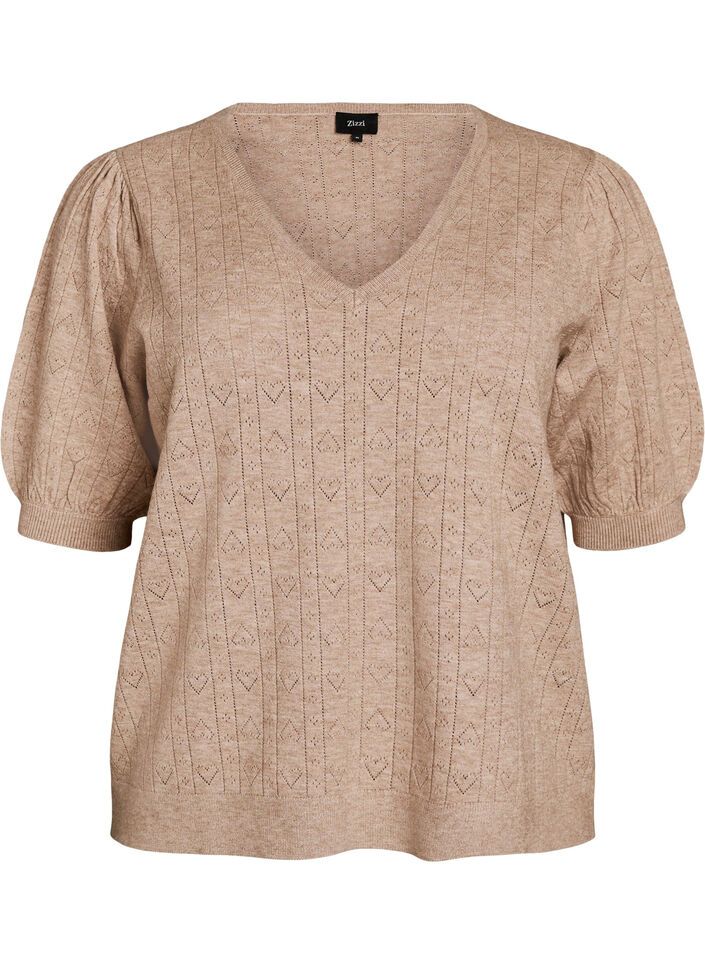 Kurz&auml;rmelige Bluse aus Strick mit Pointelle-Muster, Beige, Packshot image number 0