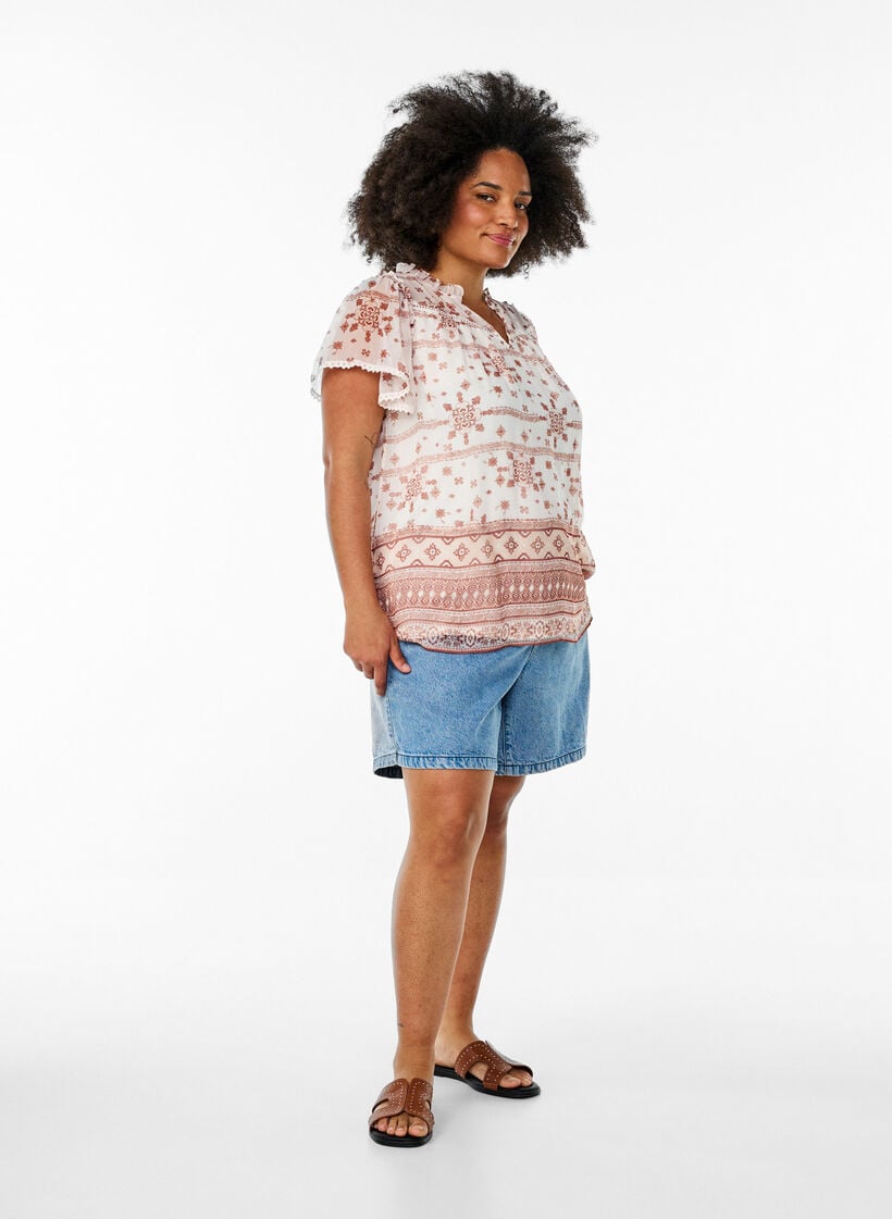 Gemusterte Bluse mit Rüschendetail und kurzen Ärmeln, Vanille, Model image number 1