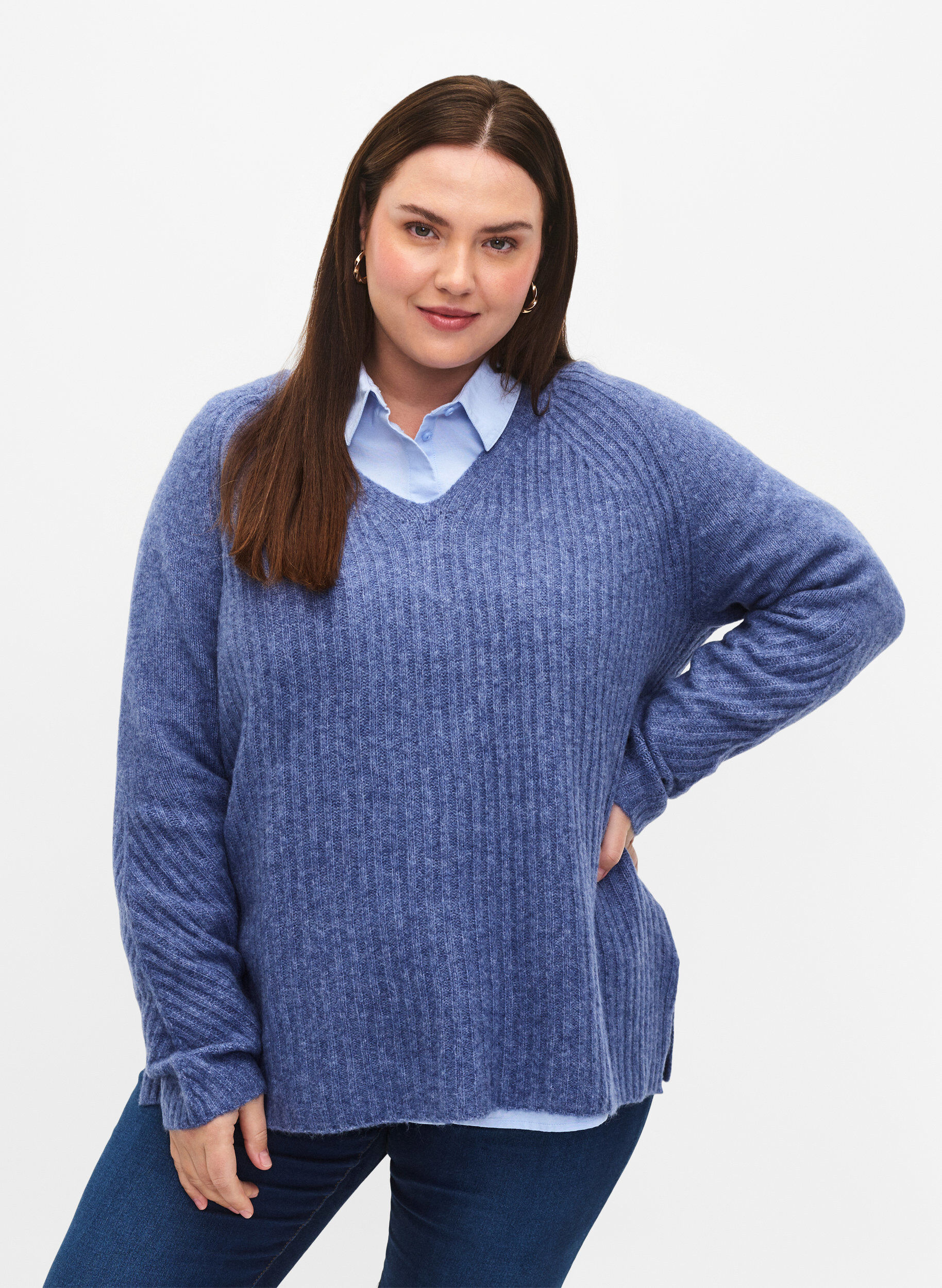 ZizziStrickpullover mit Schlitz, Gray Blue Mel., Model image number 0