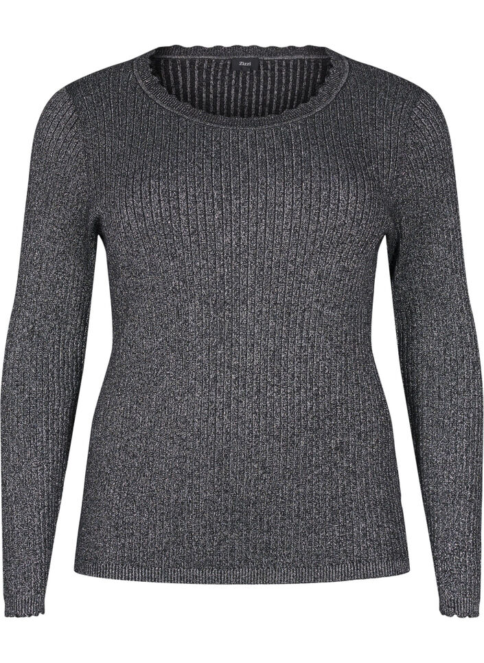 Eng anliegende Strickbluse mit Glitzerfaden, Schwarz, Packshot image number 0