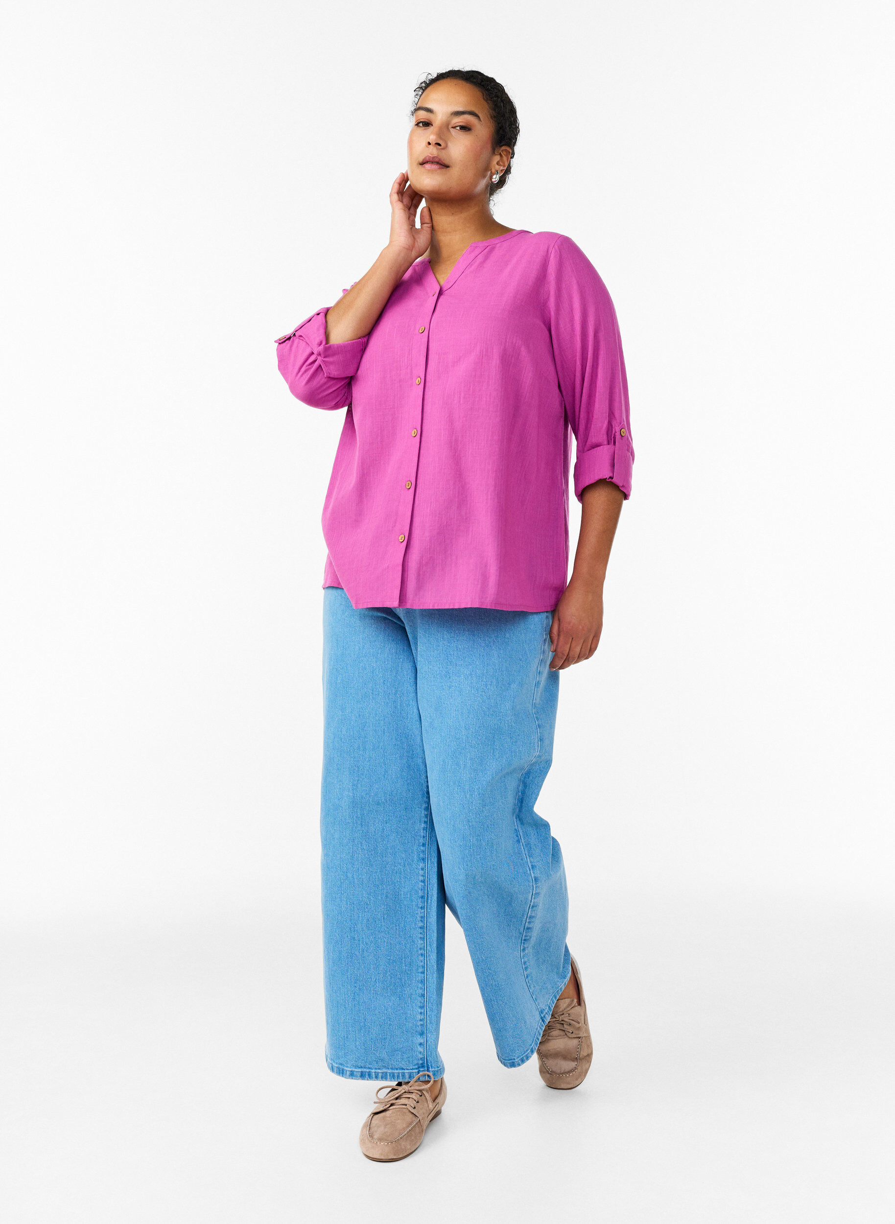 ZizziHemdbluse aus Baumwolle mit V-Ausschnitt, Pink, Model image number 1