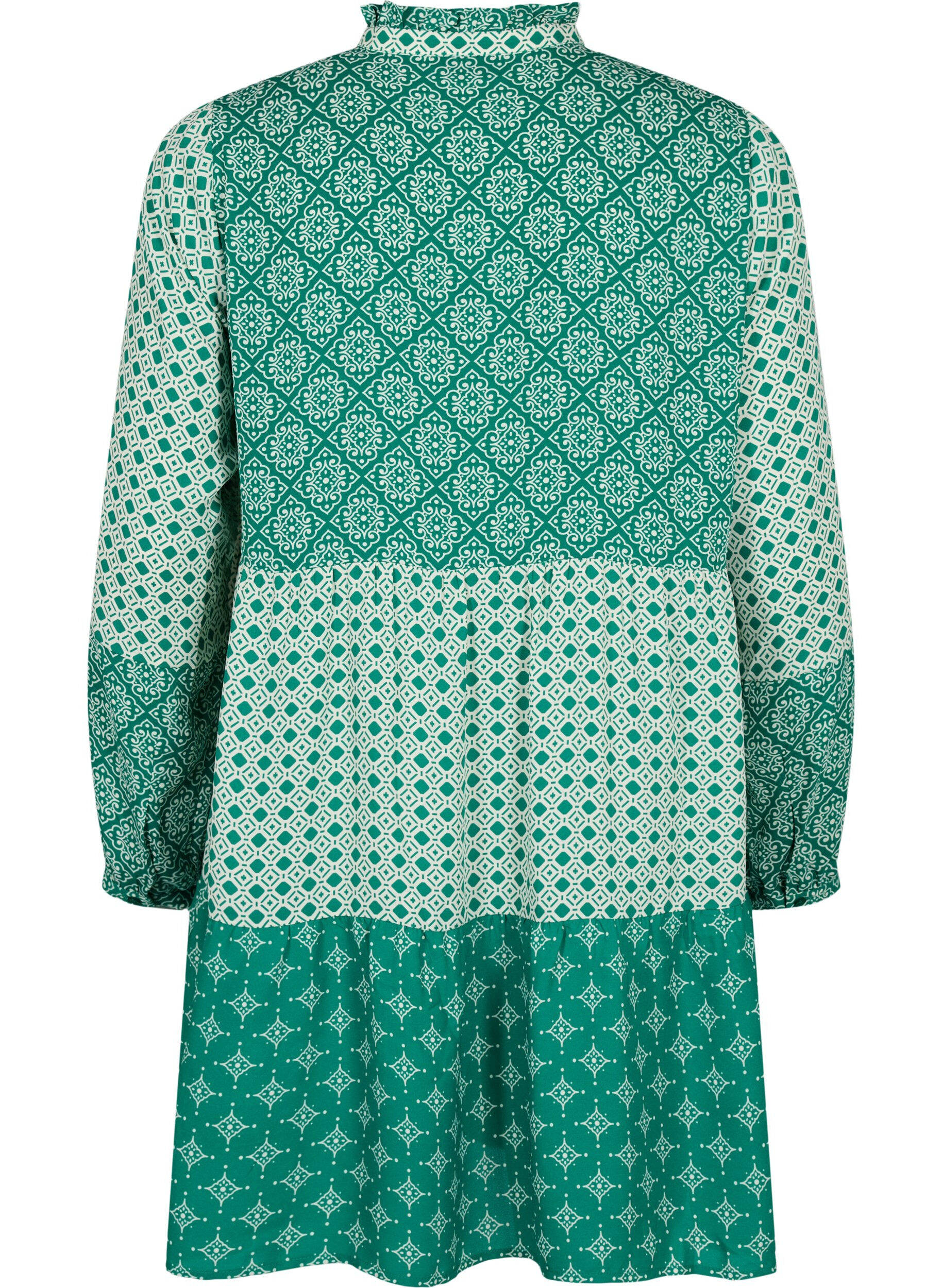 ZizziA-f&ouml;rmiges Kleid mit Mustern und Schnittlinien, Green AOP, Packshot image number 1