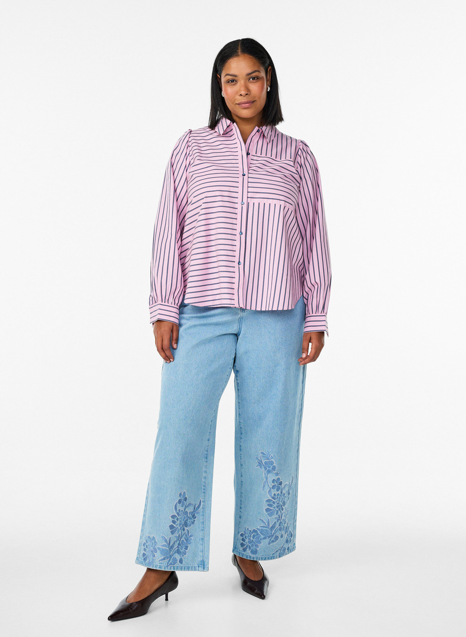 ZizziGestreifte Hemd mit klassischem Kragen und langen &Auml;rmeln, Pink, Model image number 1