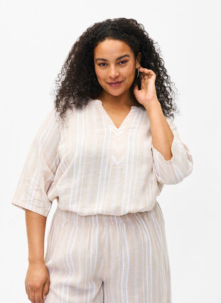 Gestreifte Bluse aus einer Leinen-Viskose-Mischung, Beige White Stripe, Model image number 0