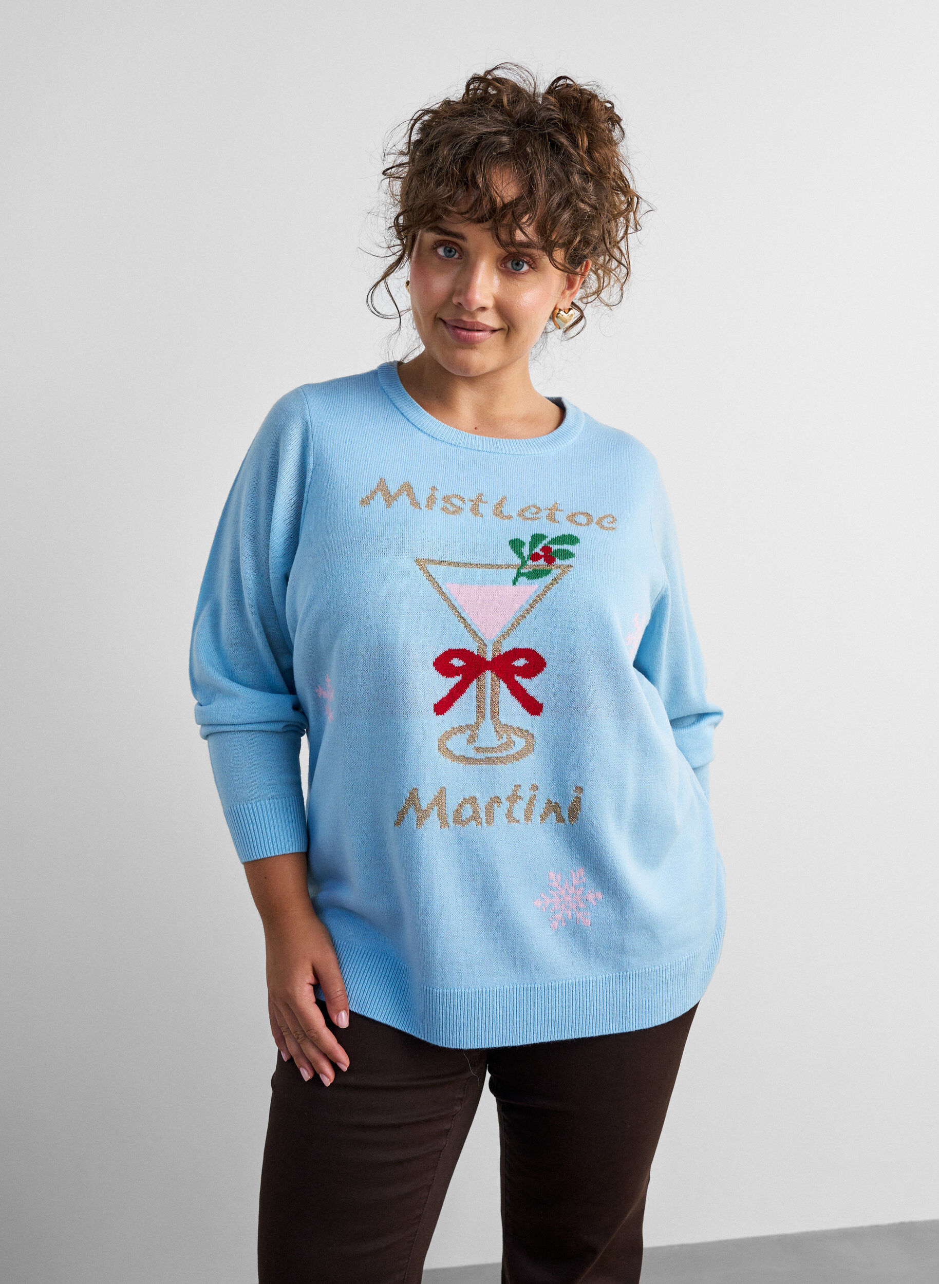 Strickbluse mit Weihnachtsmotiv, Blau, Model