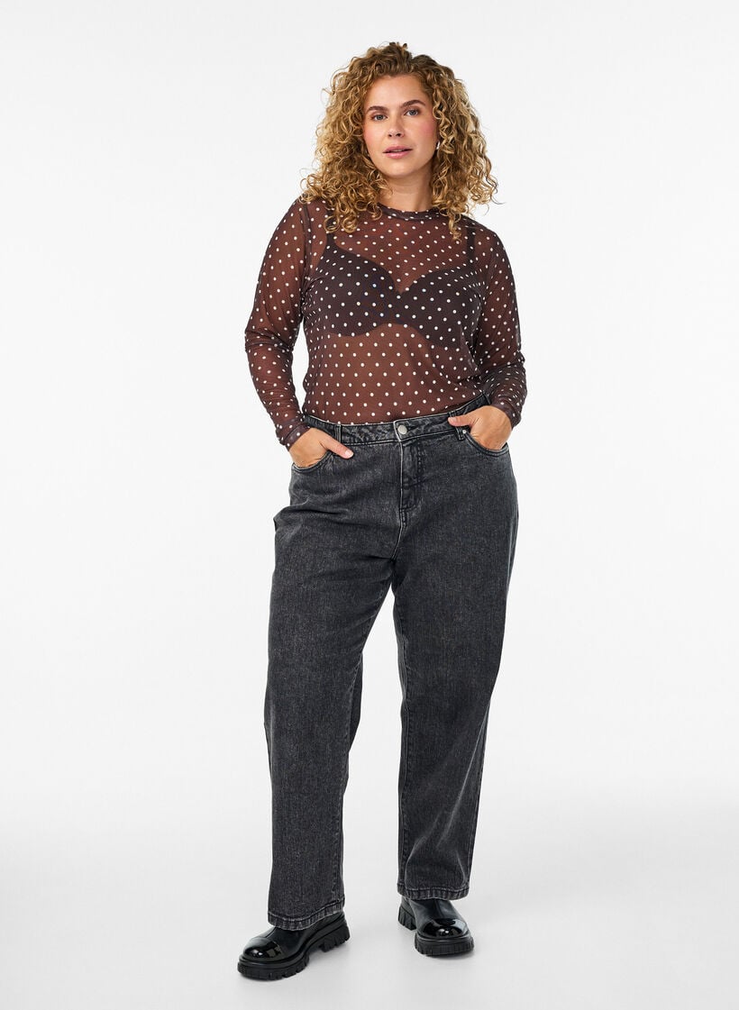 Bluse aus Mesh mit Punkten, Braun, Model image number 1