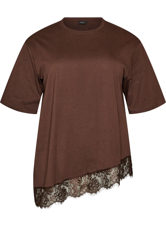 T-Shirt mit asymmetrischem Spitzensaum, Braun, Packshot image number 0