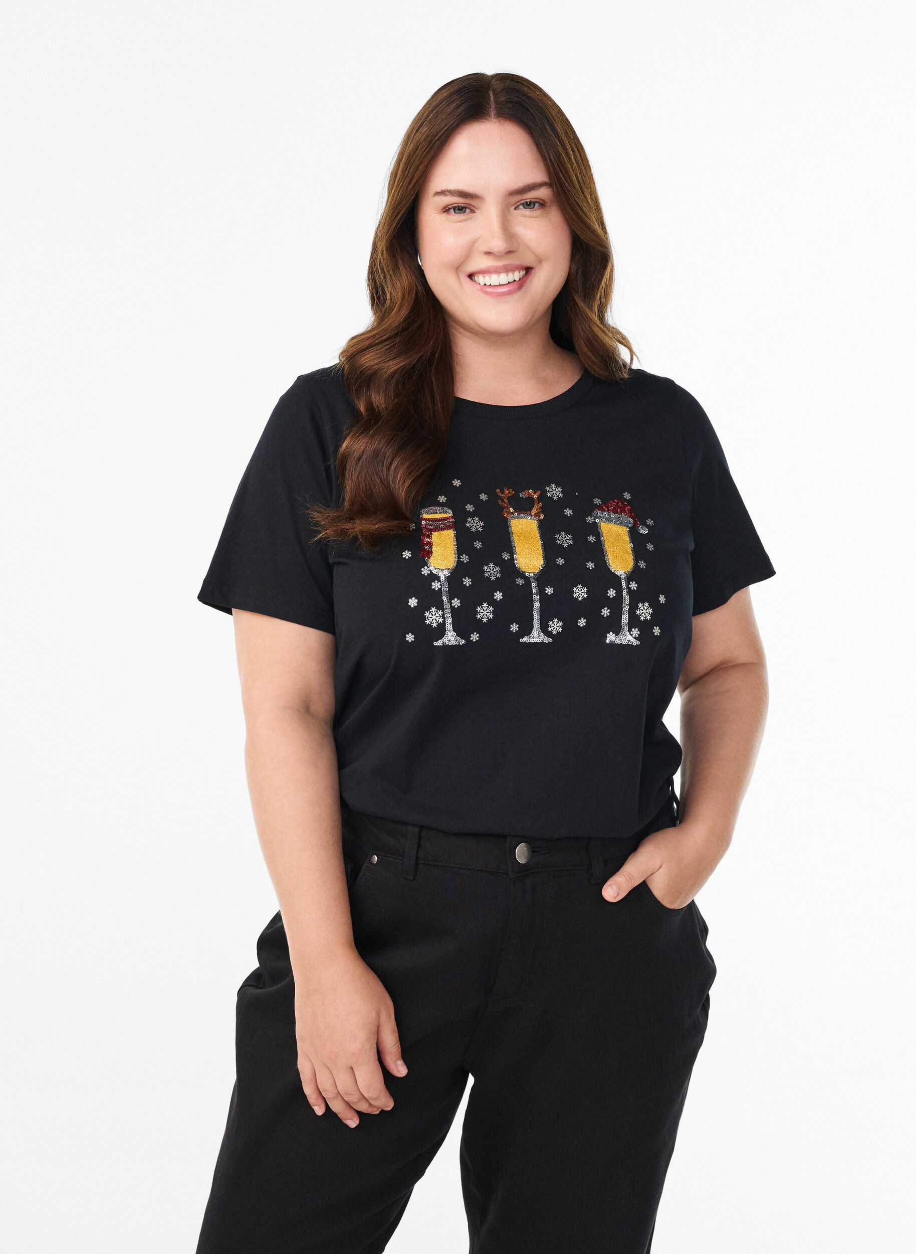 ZizziWeihnachts-T-Shirt aus Bio-Baumwolle, Schwarz, Model image number 0