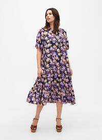 Kurzärmliges Viskose-Kleid mit Aufdruck, Small Flower AOP, Model