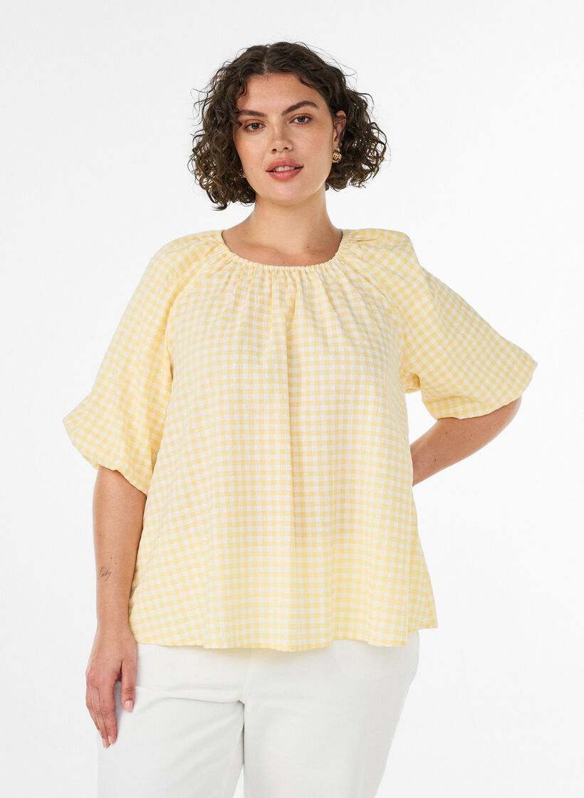 Bluse mit kleinem Karo, elastischem Ausschnitt und halblangen &Auml;rmeln, Gelb, Model image number 0