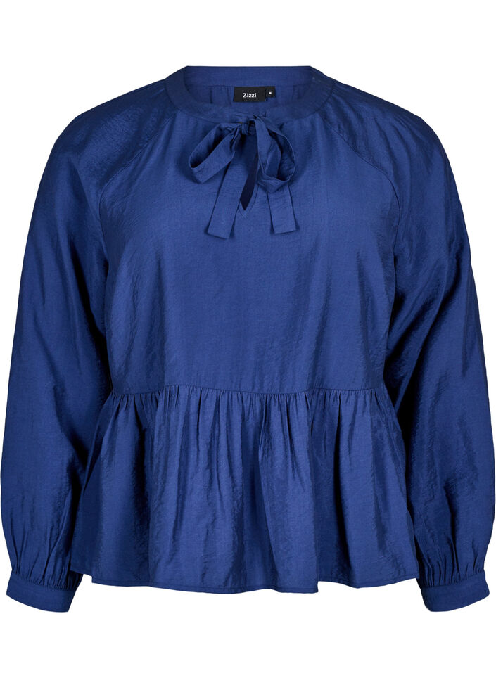 Bluse mit Schleife und langen Ärmeln, Blau, Packshot image number 0