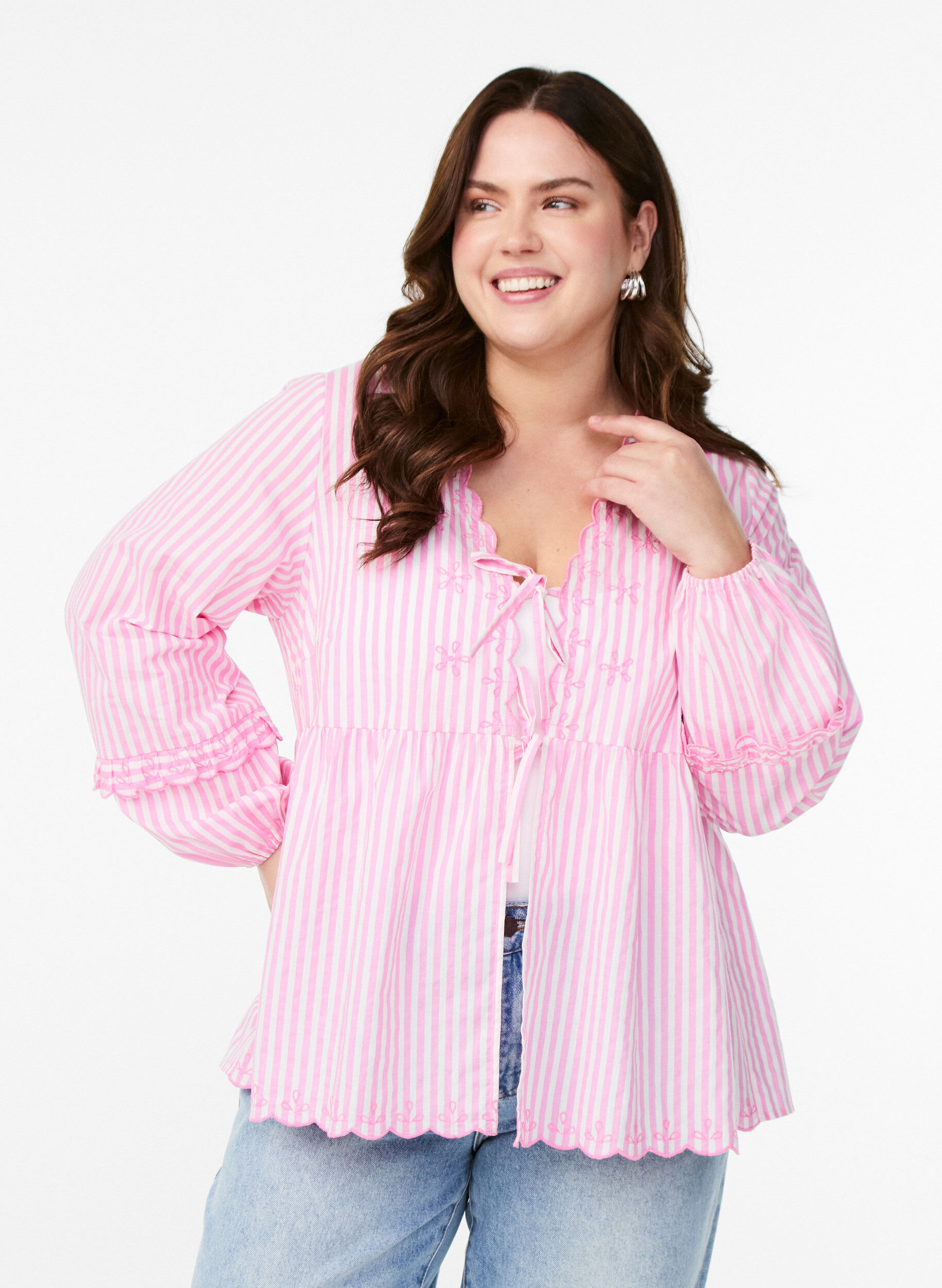 ZizziGestreifte Bluse mit offener Vorderseite und Stickereien, Pink, Model image number 0