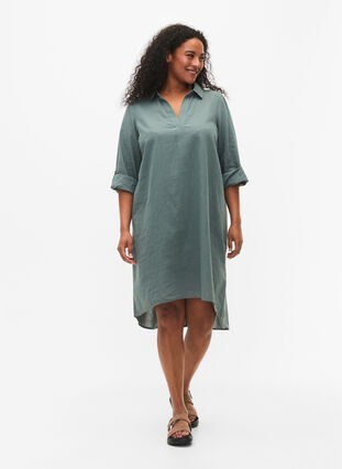 Gestreiftes Kleid aus Baumwolle und Leinen, Balsam Green, Model image number 2