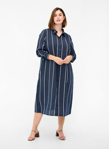 Langes gestreiftes Hemdkleid aus Baumwolle, N.Sky w.White Stripe, Model image number 0