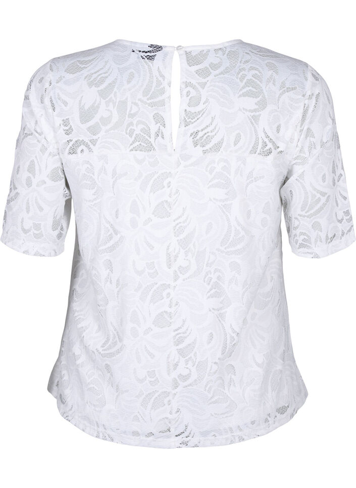 Bluse mit Spitze und kurzen Ärmeln, Bright White, Packshot image number 1
